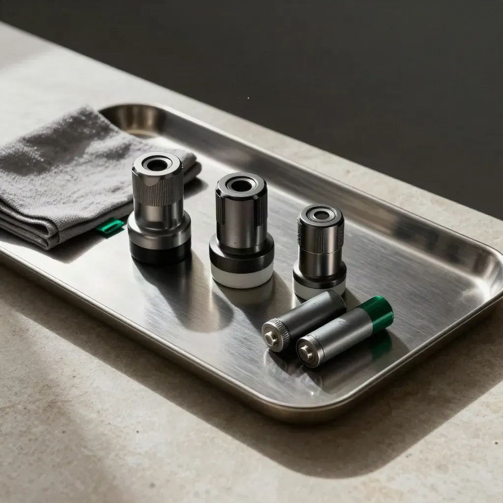 Three pod bases and two slim batteries arranged on a metal tray with a folded cloth.