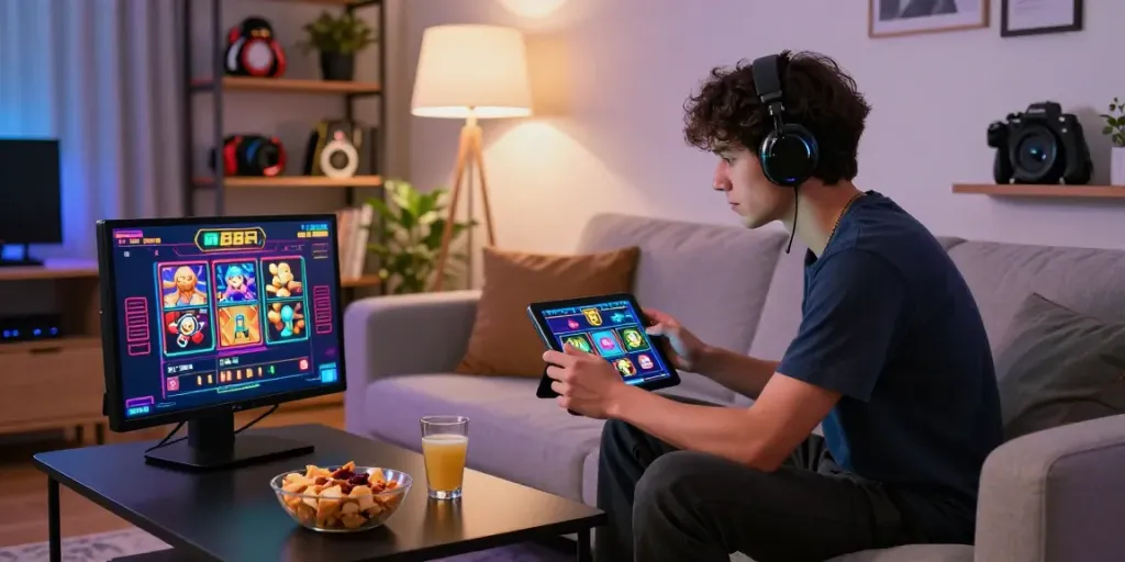 Engaged gamer playing slot88 on a tablet in a cozy modern living room.