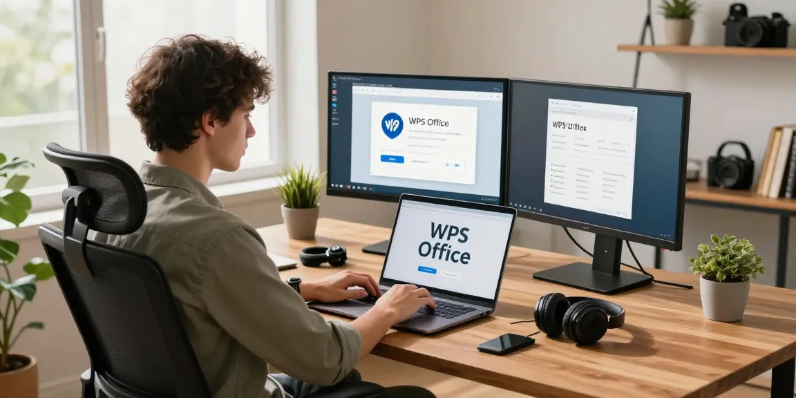 Download WPS Office on a laptop in a modern home office setup with natural light.