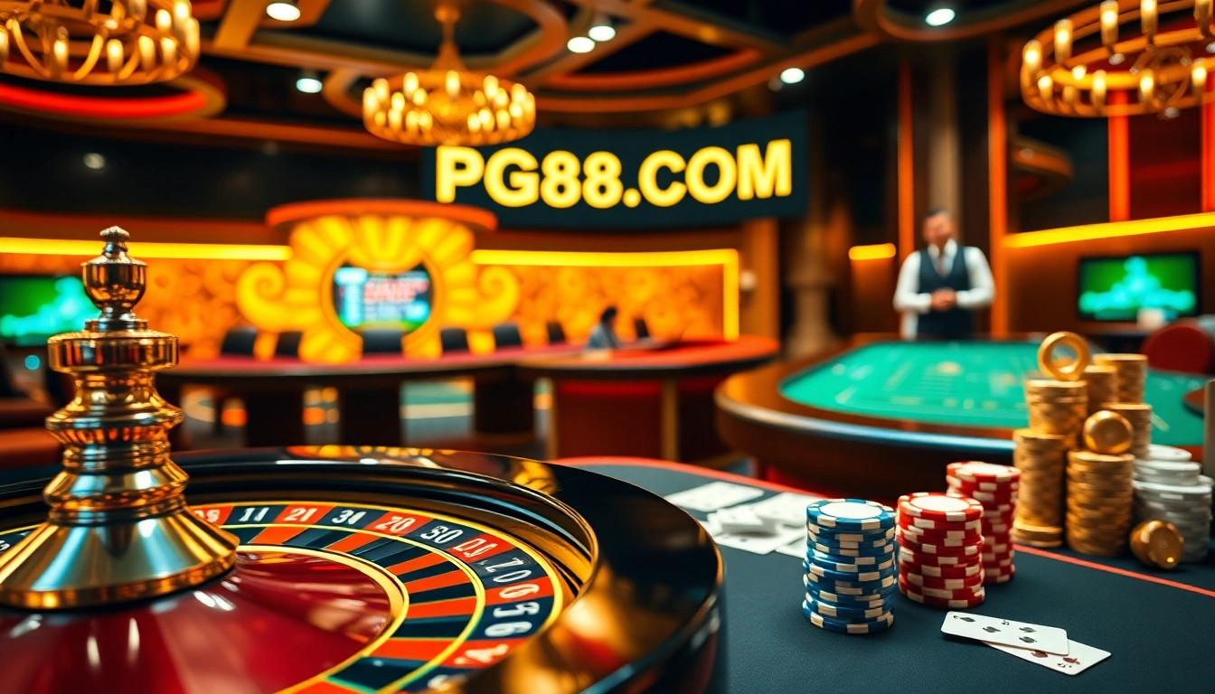 Experience the excitement at PG88.COM with a vibrant online casino scene featuring poker chips and roulette.