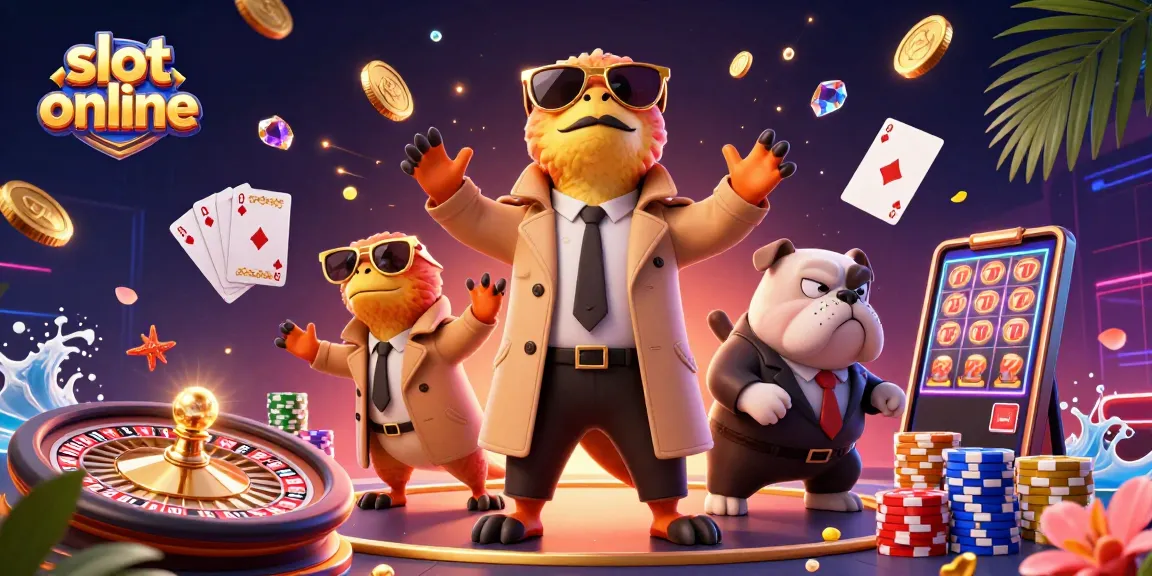 Rasakan sensasi slot online dengan ilustrasi raptor komedi memasuki kasino VIP penuh warna.