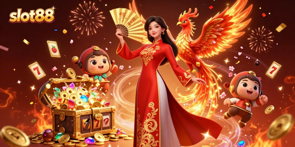 Experience slot88 thrills with a stunning illustration of vibrant casino action featuring slot reels, golden coins, and festive energy.