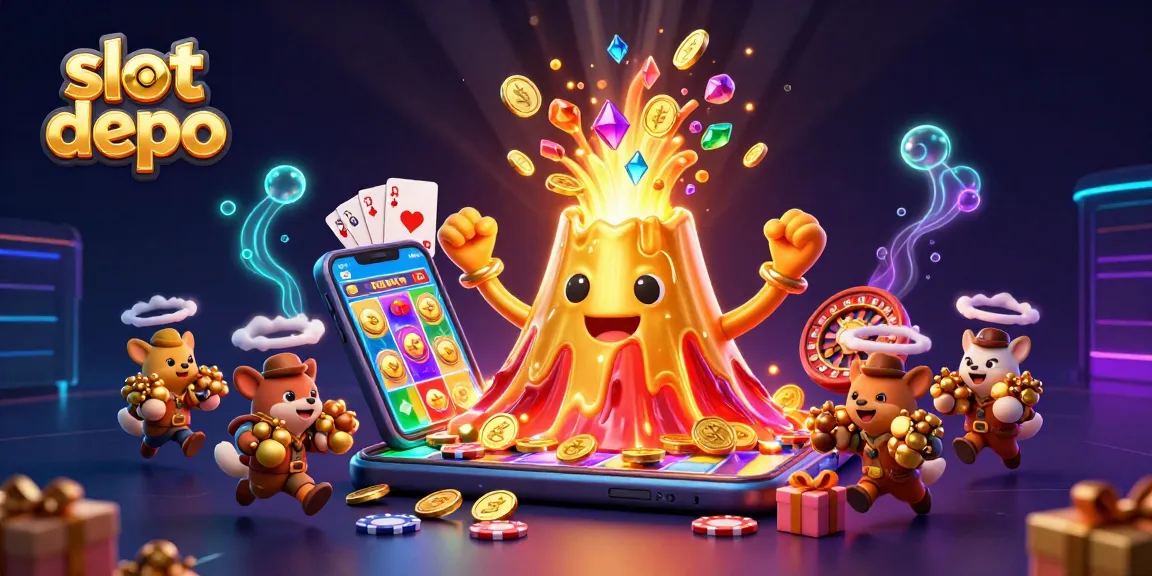 Experience the excitement of slot depo with erupting coins and treasures in a vibrant casino scene.