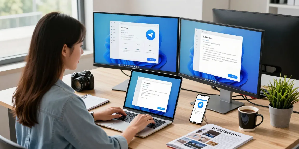 Setting up Telegram中文版 on a modern workspace laptop, showcasing a vibrant user interface and productivity elements.