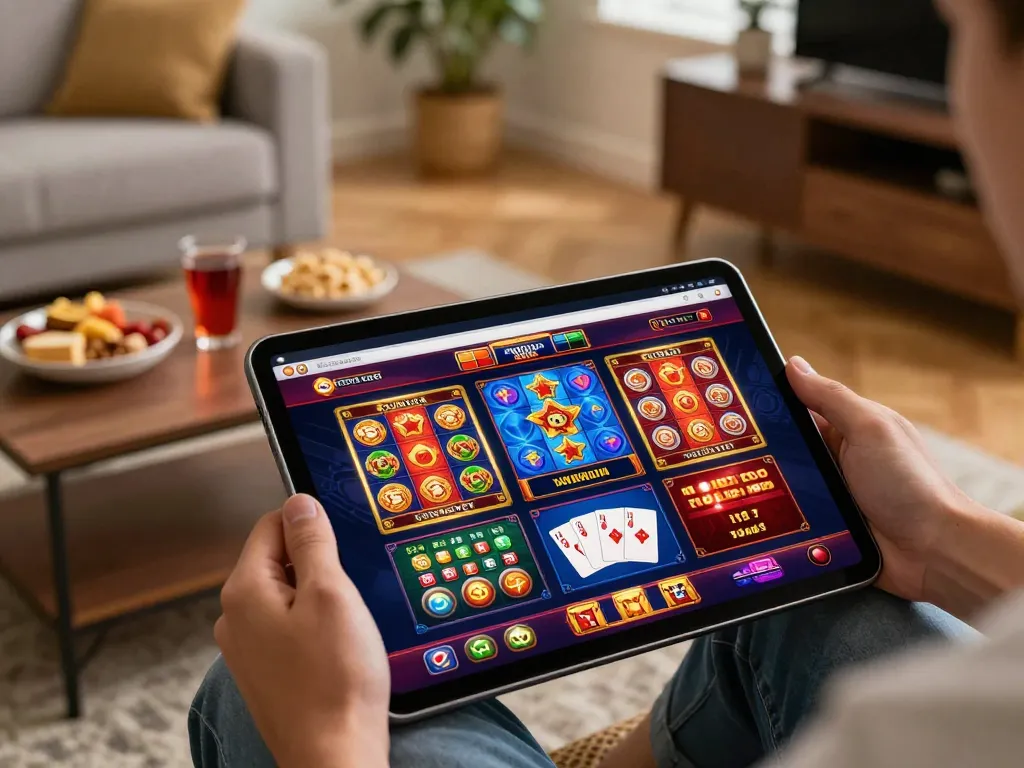 Engaging online gaming experience with 99win tablet display of vibrant slots and cards