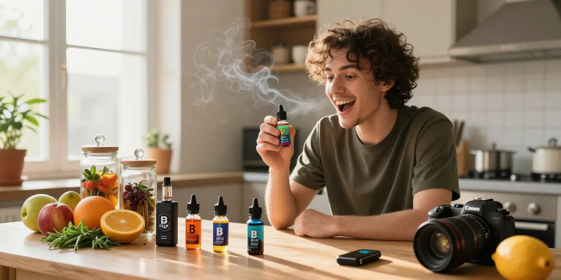 B Plus bizarro e-liquid vape juice scene with vibrant flavors and cozy kitchen setting.