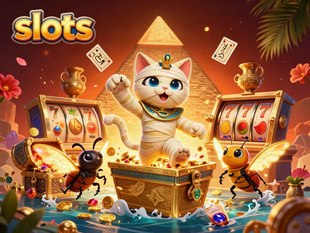 Experience the excitement of slots with a vibrant mummy cat and glowing scarab in a busy casino.