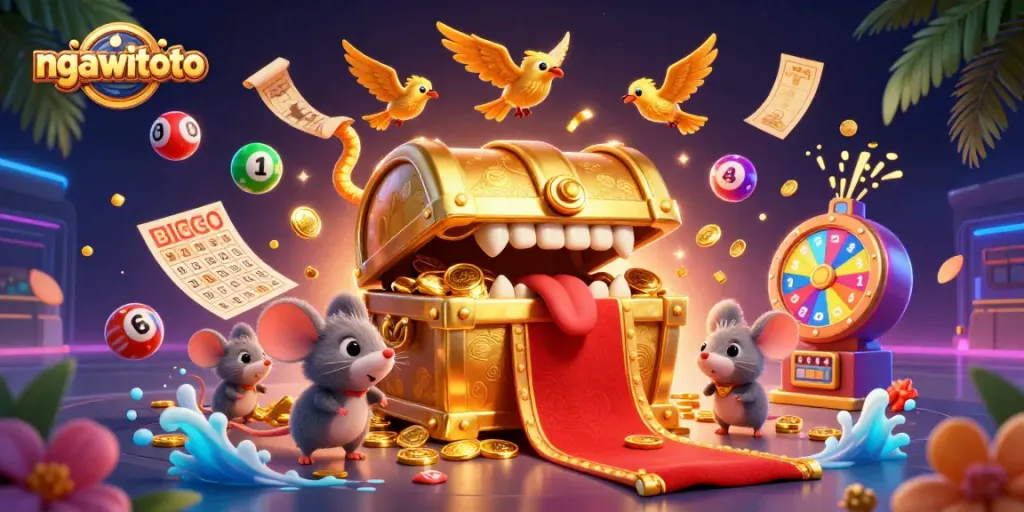 Engage with ngawitoto’s dynamic lottery scene featuring vibrant balls and golden prizes raining down.