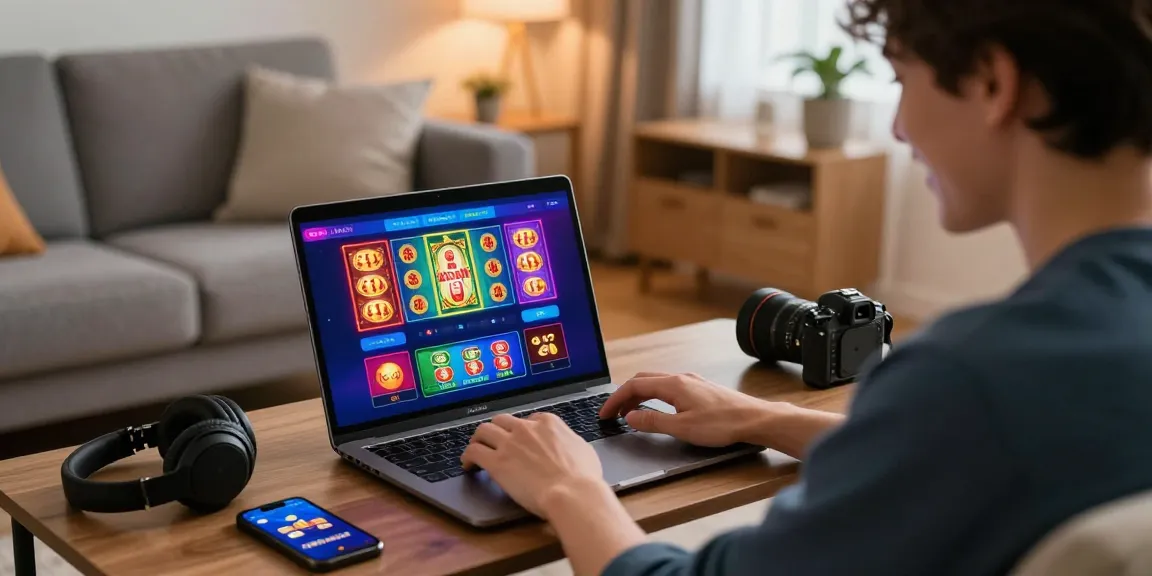 Personne profitant d'une expérience de retrait immédiat au casino en ligne à domicile avec des accessoires de jeu et un éclairage chaleureux.