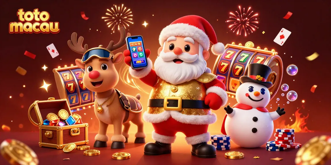 Spin jackpots at toto macau with Santa Claus and his charming casino companions in a vibrant casino scene.