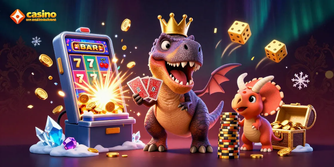 Casino en ligne retrait instantané : T-Rex distribuant des cartes et un triceratops empilant des jetons dorés.