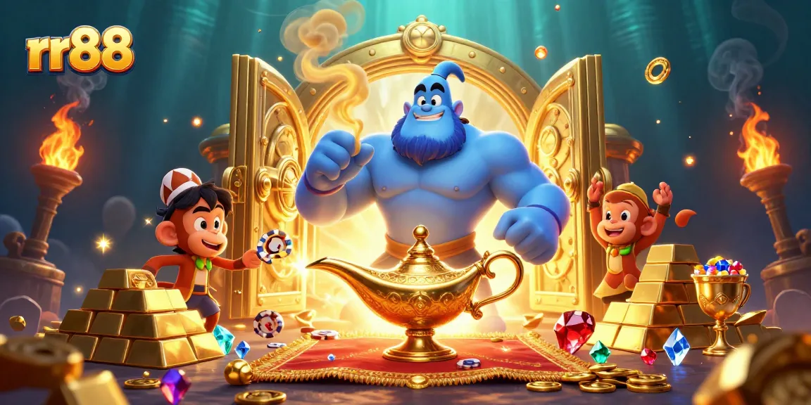 Experience rr88 with a vibrant 3D casino scene featuring a genie and poker chips.