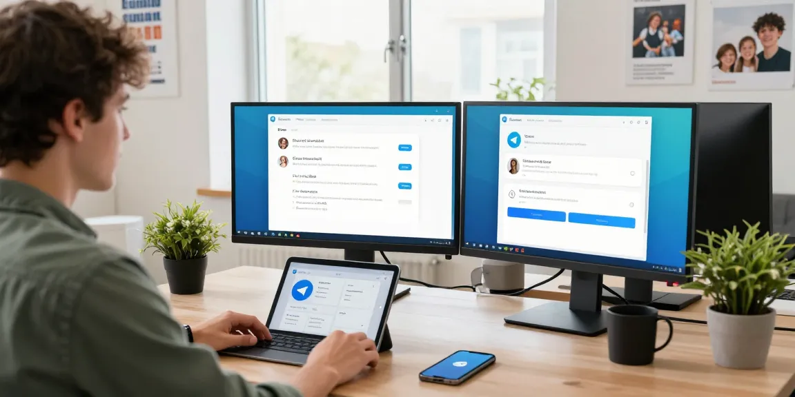 Using the 纸飞机中文版 app in a modern tech workspace, showcasing communication features and a productive setup