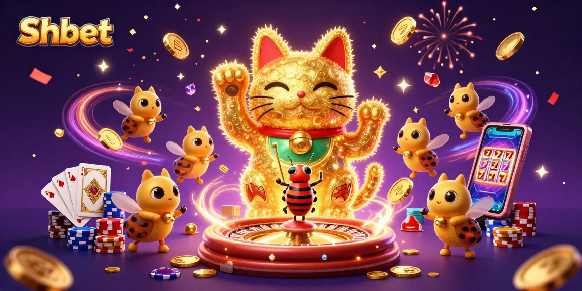 Engage with Shbet by watching the animated lucky cat and fireflies amidst a vibrant casino scene.