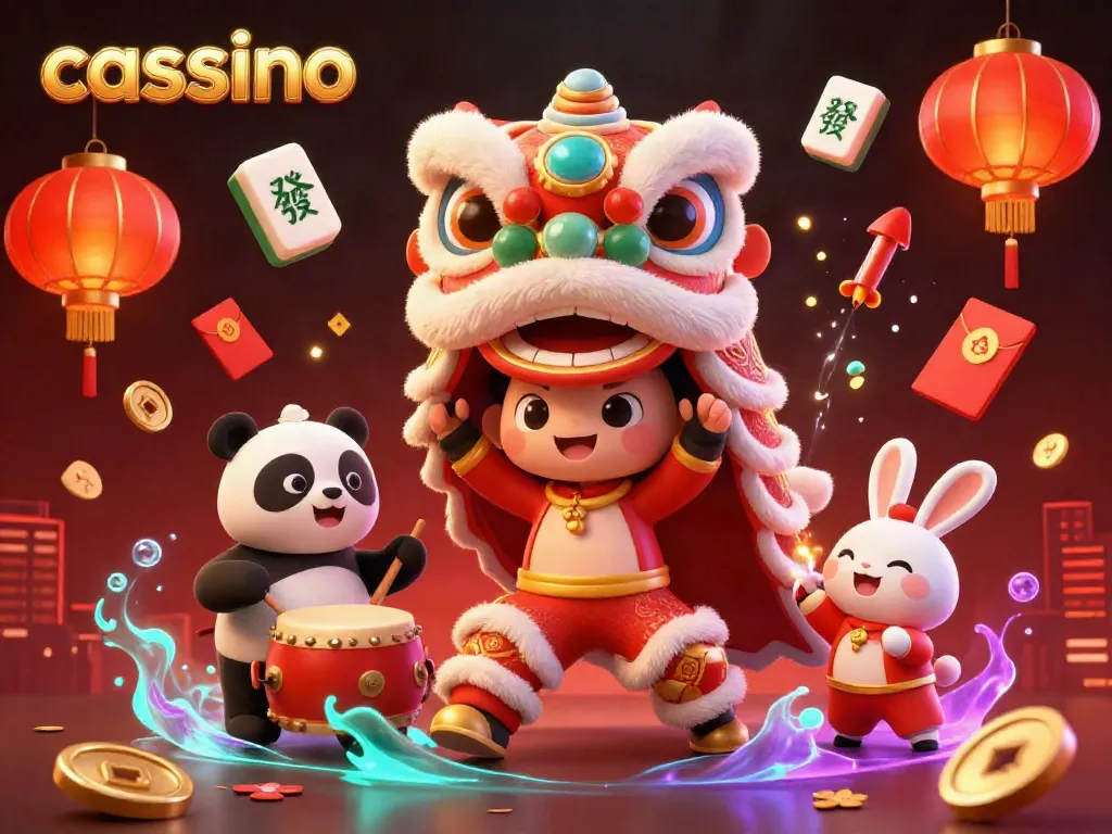 Experience the excitement of a vibrant casino scene featuring a lion dance, decorated elements, and dynamic game action.