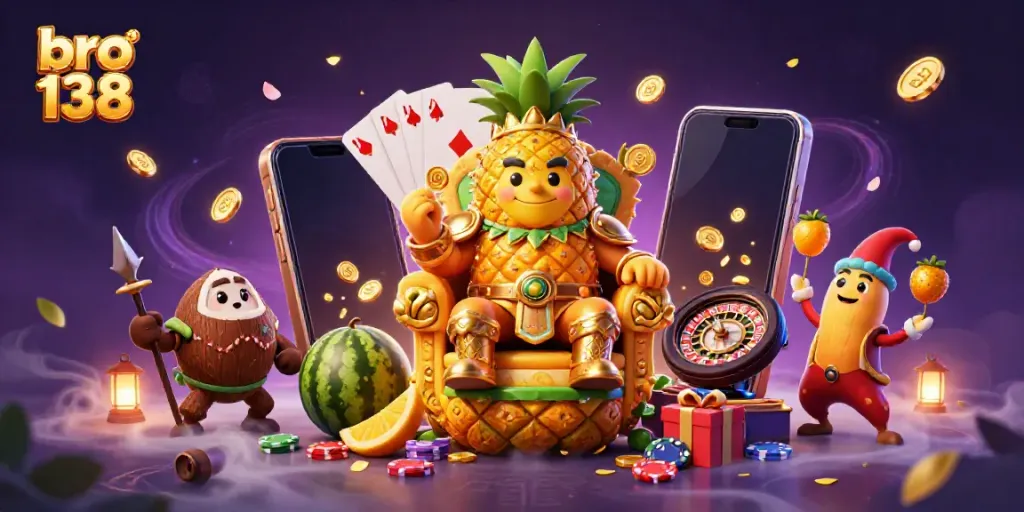 Engage with bro 138's vibrant casino scene featuring a golden pineapple king and dynamic gaming elements.