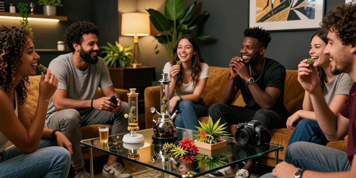 Engaging scene of friends enjoying haschplatte in a modern lounge setting
