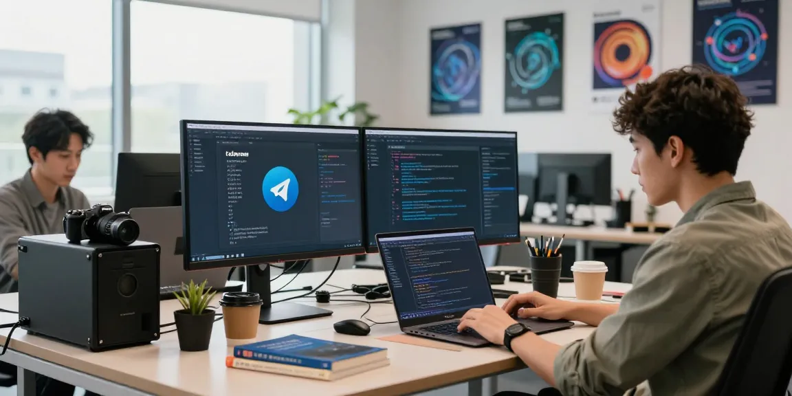 Dynamic tech workspace with developers coding on Telegram中文版 in a modern office.