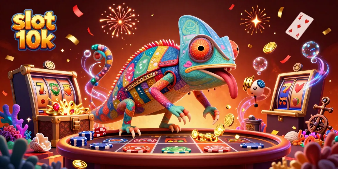 Experience excitement with slot 10k as chameleon casino owner captures golden coins in dazzling scene