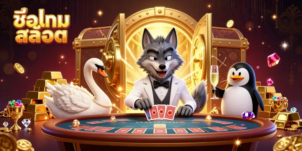 Engage with ชื่อเกมสล็อต as a debonair wolf, elegant swan, and sophisticated penguin in a vibrant 3D casino scene.