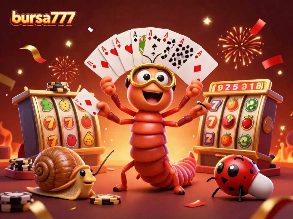 Menyaksikan permainan bursa777 dengan dealer kartun 3D dan simbol slot berwarna cerah berlimpah.