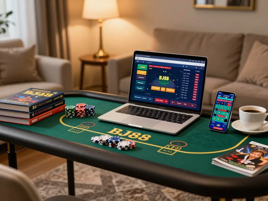 Engaging in online gaming with BJ88 on a stylish desk, showcasing a laptop and smartphone for a strategic gambling experience.