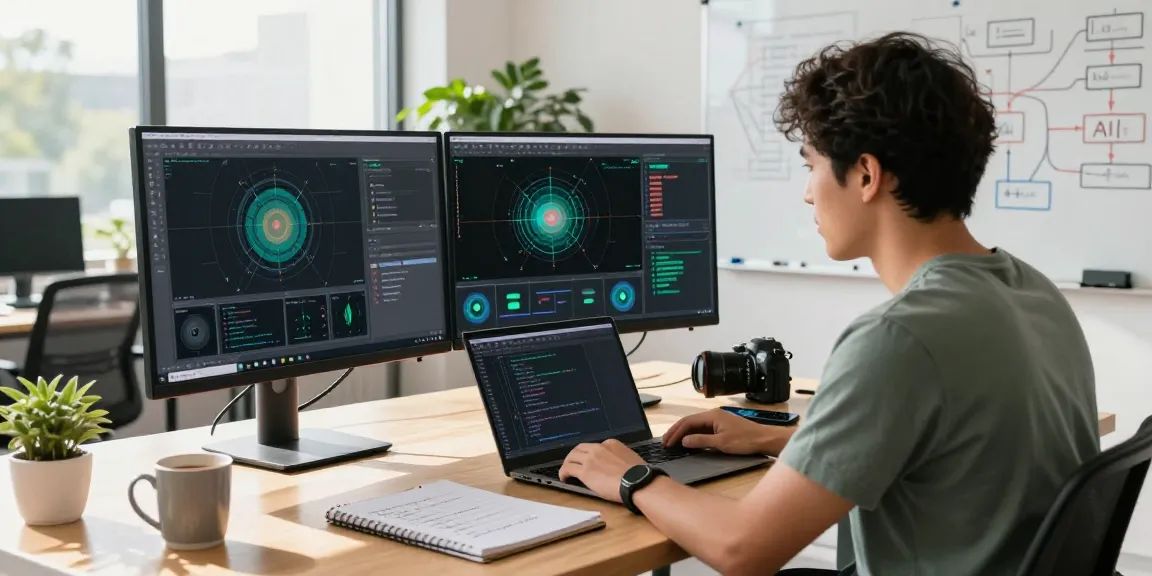 A professional data scientist using a free AI image detector tool on dual monitors in a bright workspace.
