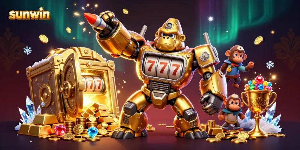 Win big with Sunwin as a 3D transformer gorilla mech bursts with coins and treasures in casino-themed action.