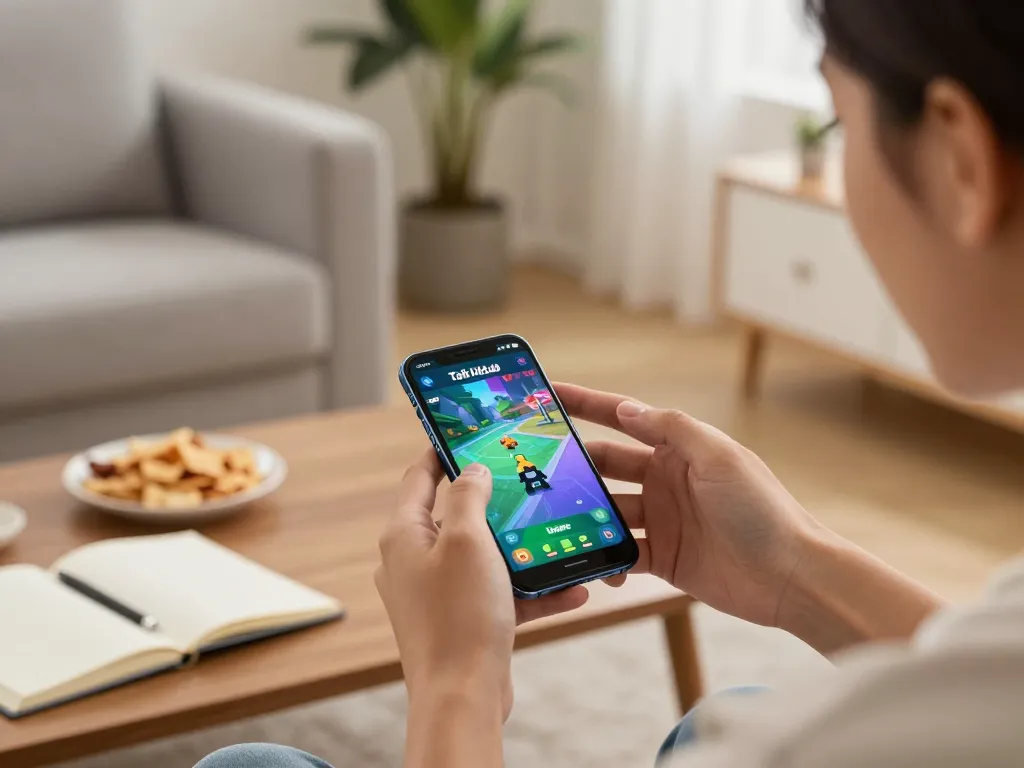 Engage in gameplay with tải hitclub app on a smartphone in a cozy living room setting