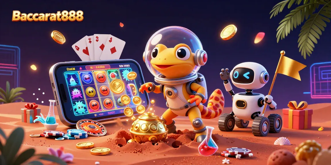 Baccarat888 showcases an exciting Martian casino adventure, featuring a gecko and robot amid vibrant gaming elements.