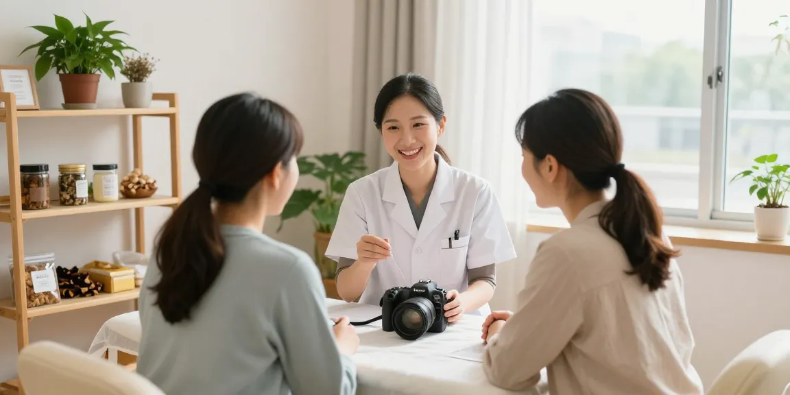 Consultation at 수원한의원 with practitioner and patient in a soothing healing environment.