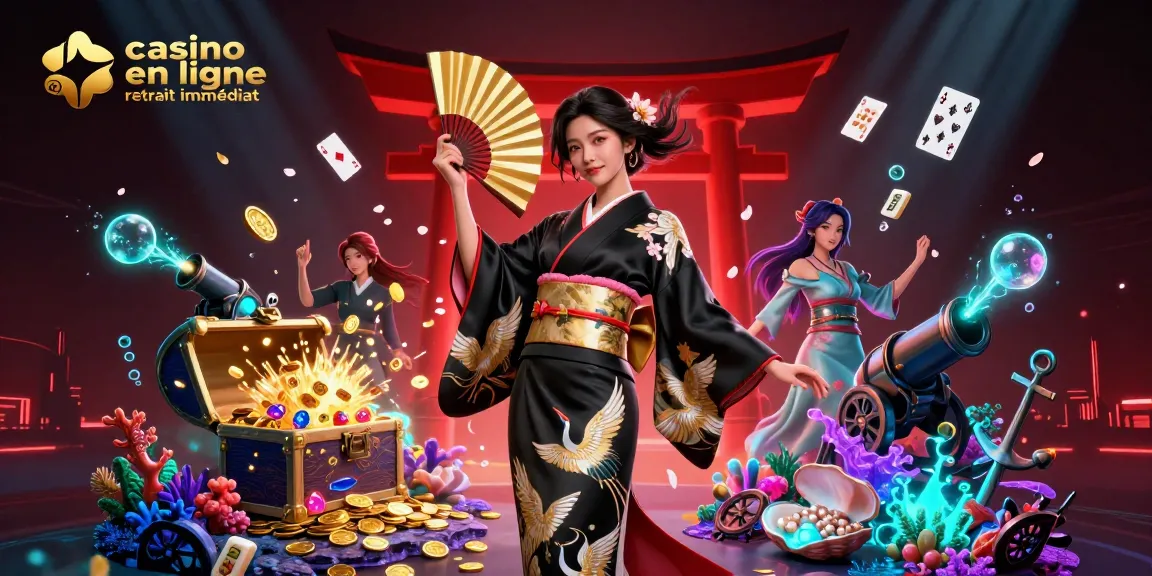Découvrez le frisson du retrait immédiat en casino en ligne avec une illustration 3D dynamique d'une élégante femme asiatique parmi des pétales de sakura tombants et des feuilles dorées.