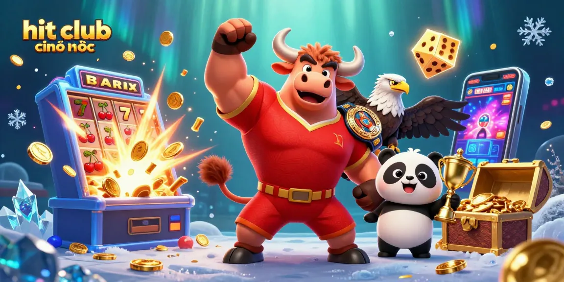 Engage with hit club chính thức at an exciting jackpot explosion, featuring cheerful mascots in a vibrant casino scene.