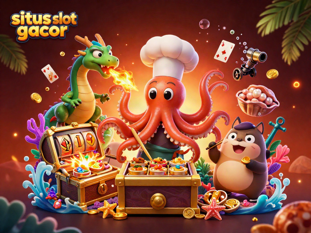 situs slot gacor illustration featuring playful octopus chef with slot machine, dragon, and tanuki amidst treasure