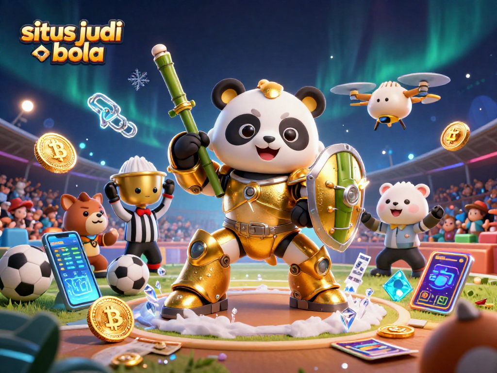 Experience situs judi bola excitement with a golden panda piloting a bamboo robot amidst cheering fans.