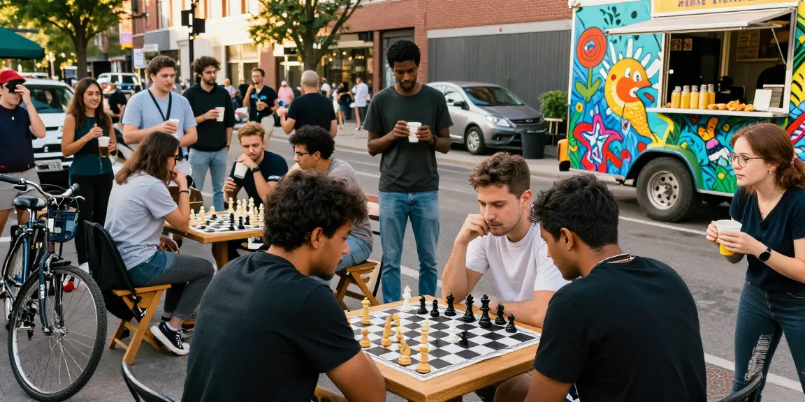 Group of young adults engaged in a lively chess game at an urban space, with rokok88 branding visible in the background.