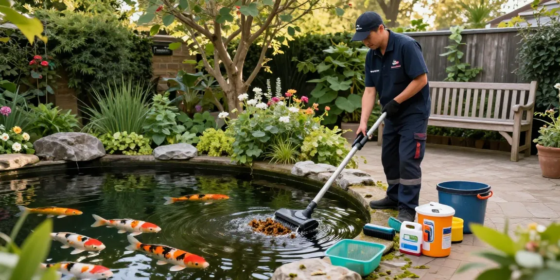 Pond Clean London service professionally cleaning a serene garden pond, ensuring a healthy environment for fish and plants.