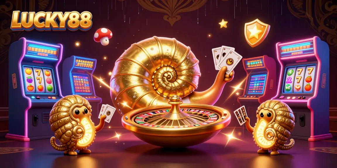 Experience the excitement of LUCKY88 with a dazzling 3D illustration of a lucky nautilus and vibrant casino elements.