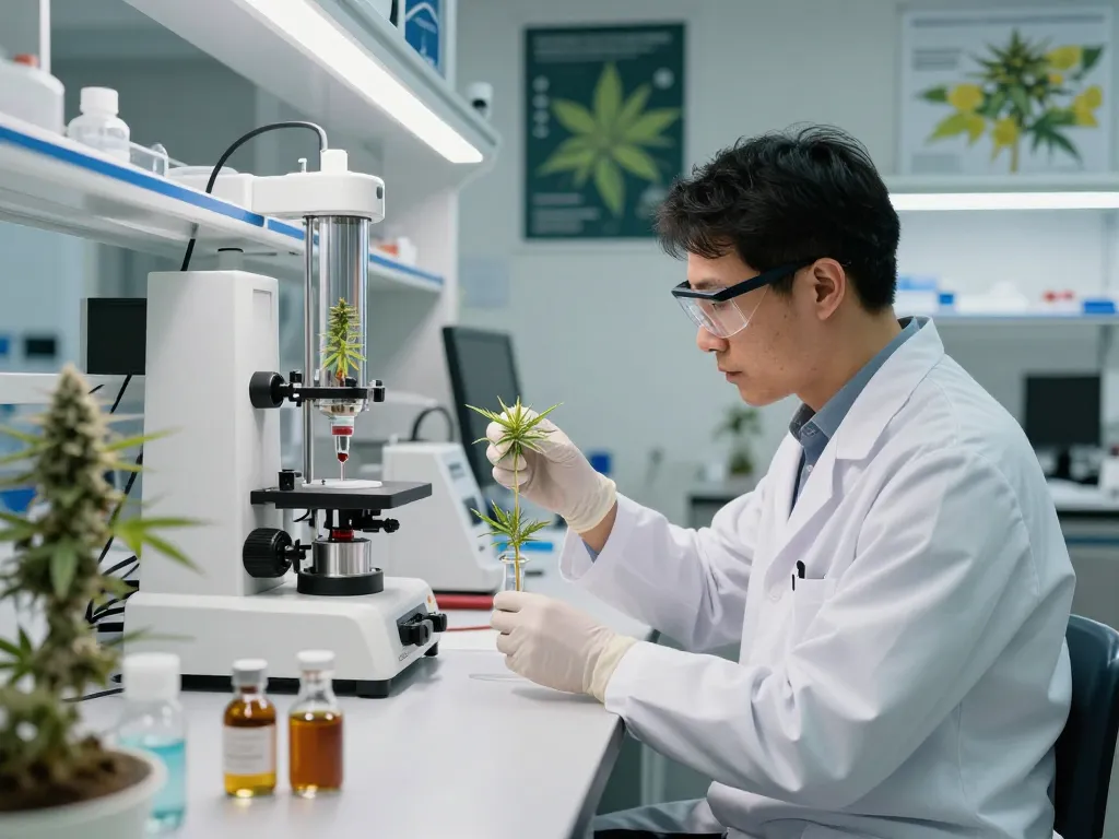 WeeDutch technician analyzing premium cannabinoids in modern lab setting.