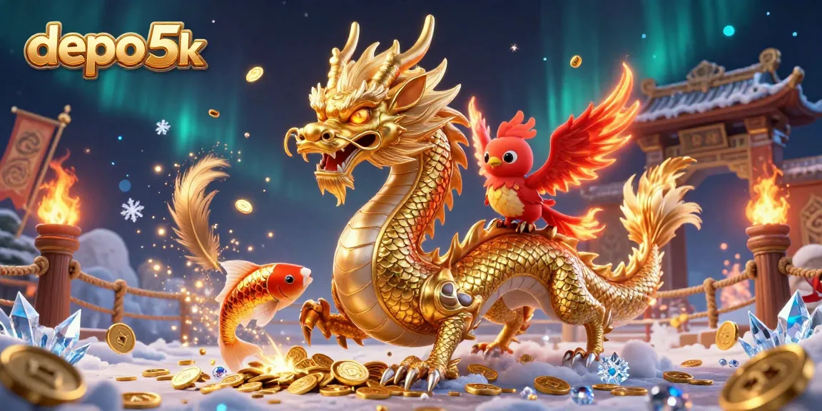 Spin to win with depo 5k at this vibrant casino, featuring a golden dragon and coins showering luck.