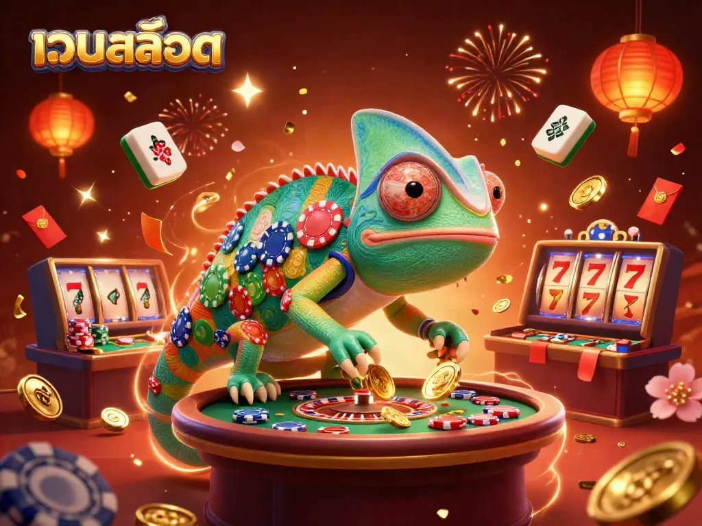 Experience the vibrant เว็บสล็อต scene with a colorful chameleon casino owner amidst dynamic gaming elements.