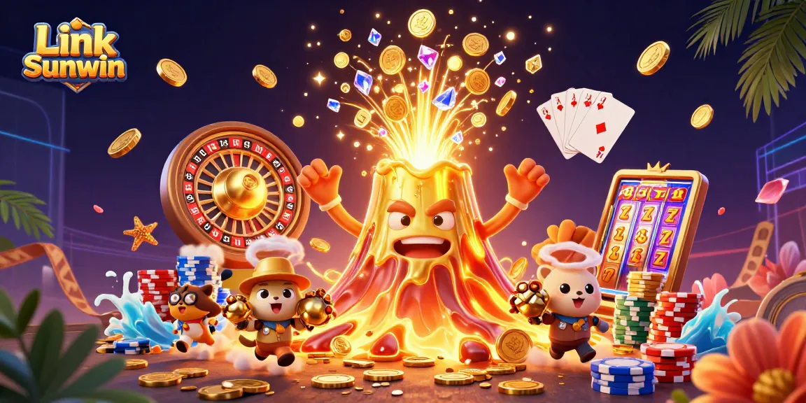 Experience the thrilling excitement of Link Sunwin with dynamic illustrations showcasing 3D casino elements.