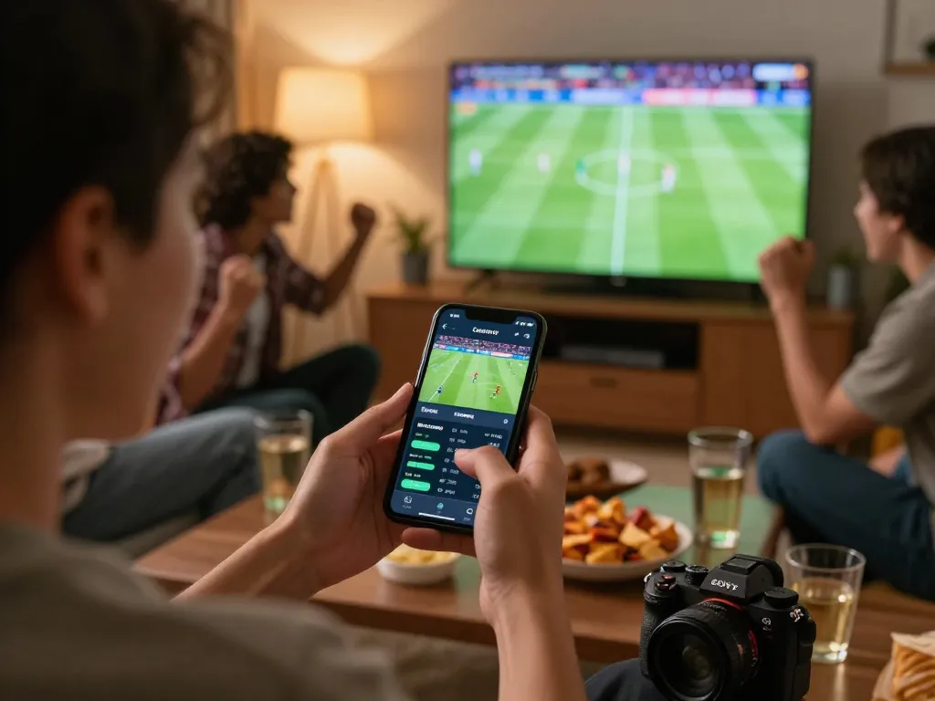 Engaged in Bola Online betting while watching live soccer match with friends, showcasing live odds on smartphone.