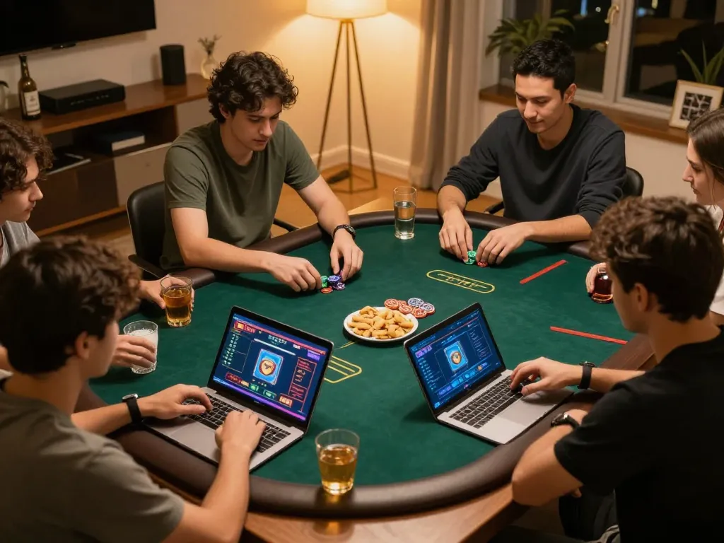Players engage in a thrilling online poker game at home, highlighting the excitement of 3win actor.