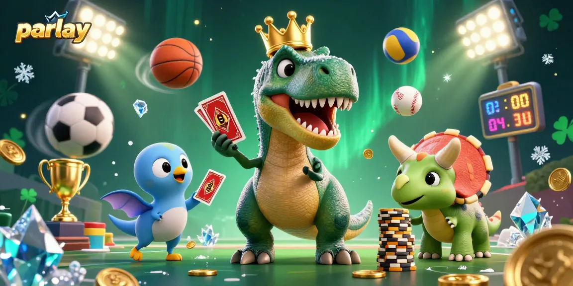 Engage in parlay betting with a fun T-Rex, pterodactyl, and triceratops at a lively casino scene.