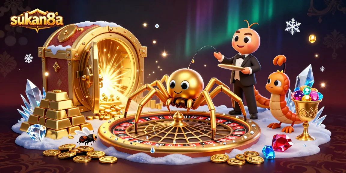 Sukan8a's vibrant 3D casino scene showcases a golden spider and centipede croupier amidst sparkling treasures and roulette.