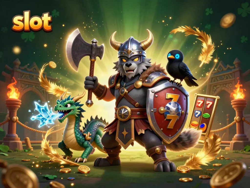 Engage with slot machines alongside a fierce Viking warrior and magical dragon in a captivating casino scene.
