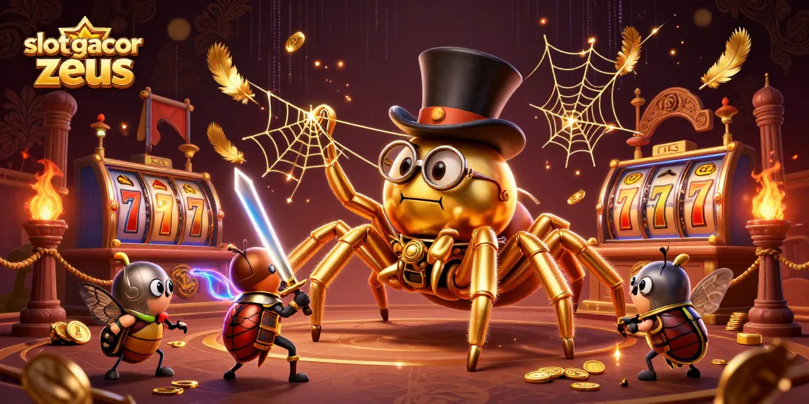 Spin the slots with slot gacor zeus, featuring a majestic tarantula and beetle knight in an exciting casino scene.
