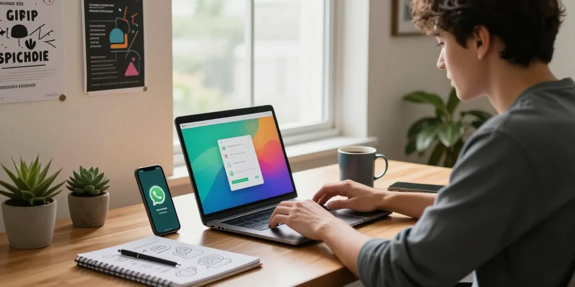 Person using WhatsApp電腦版 in a cozy home office with laptop and smartphone.