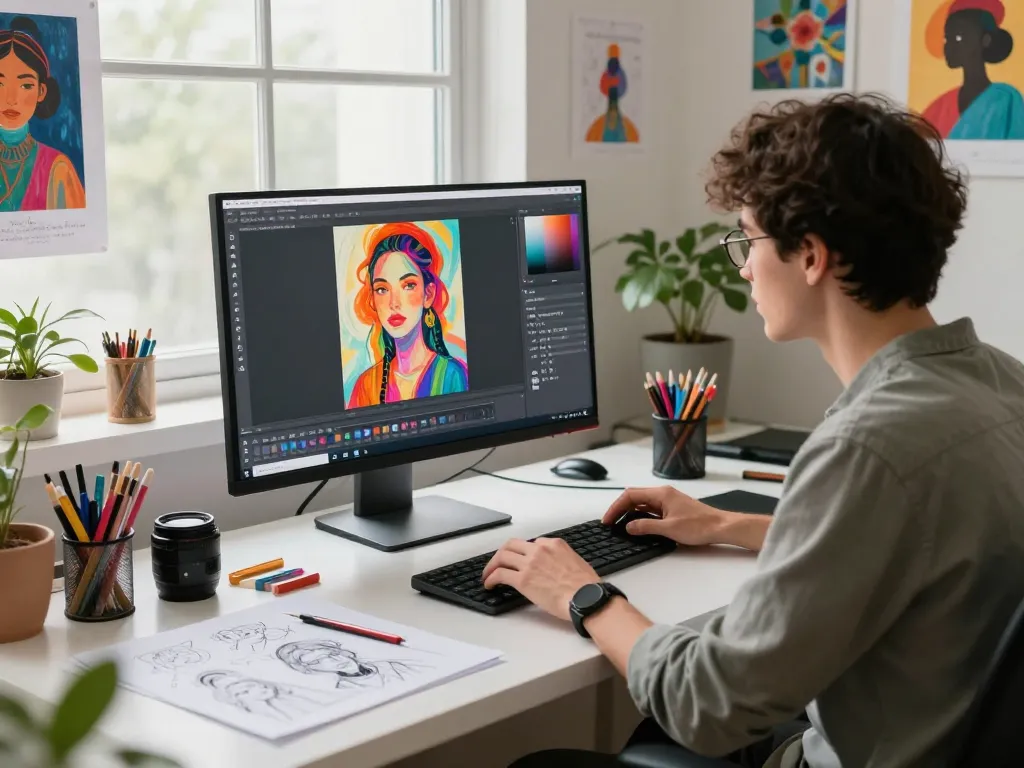 Digital artist using nano banana pro in a vibrant creative workspace for innovative AI image editing.